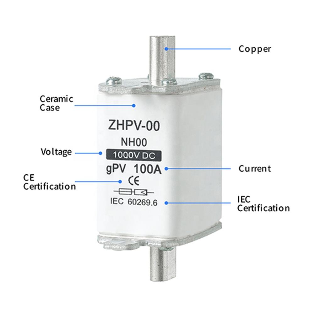 NH00-1000V IEC कम भोल्टेज फोटोभोल्टिक नाइफ फ्यूज प्लास्टिक 80A 6ka ब्रेकिङ क्षमता